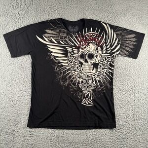 Vintage XZAVIER Shirt Skull Wings Grunge AOP Graphic Tee Y2K USA Size 2XL